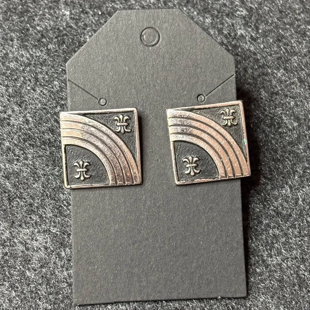 Silver and Black Square Cufflinks with Fleur-de-Lis and Curved Design